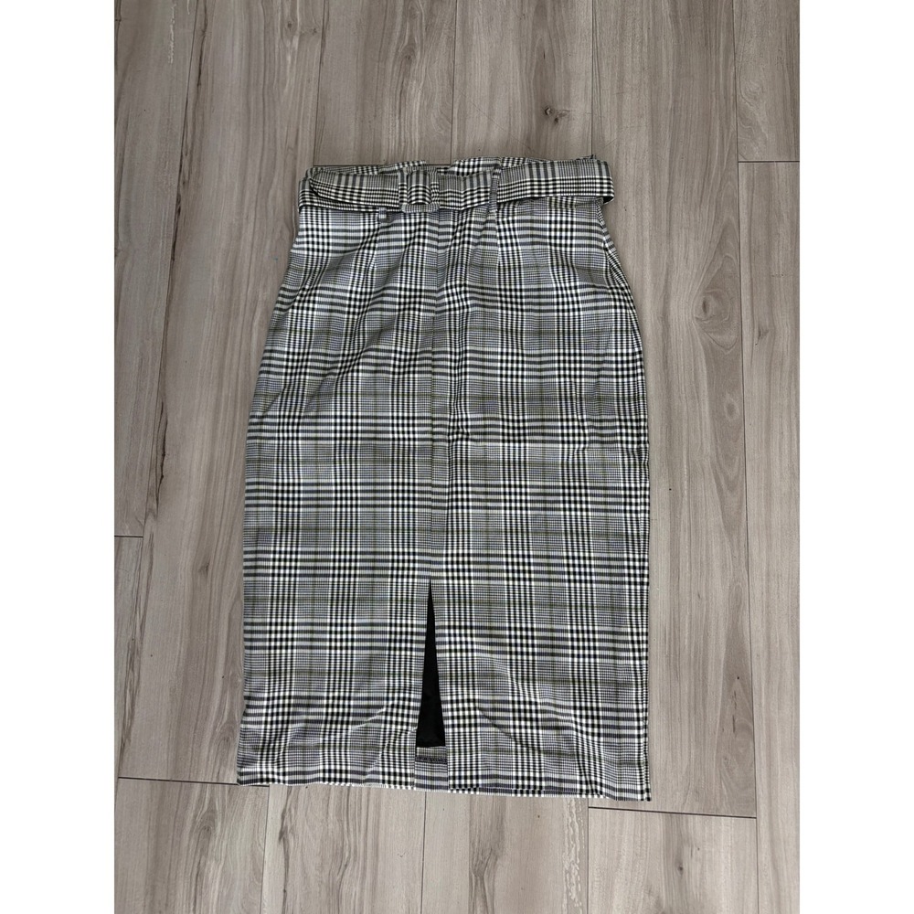 Eva Mendes NY&Co Plaid High Waist Pencil Skirt Belted Midi Black White Green 4